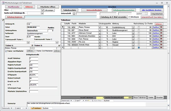 Schulungsdatenbank Screenshot englisch