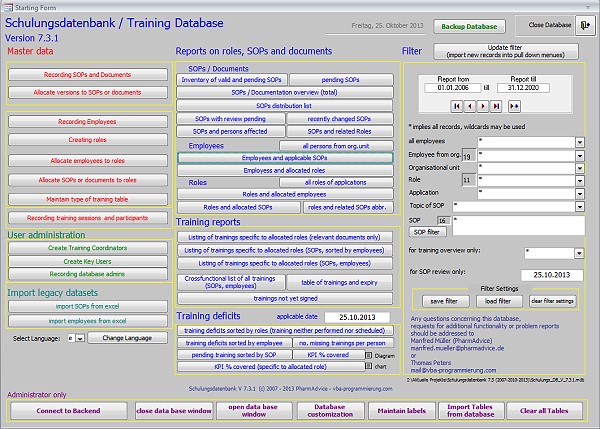 Schulungsdatenbank Screenshot englisch